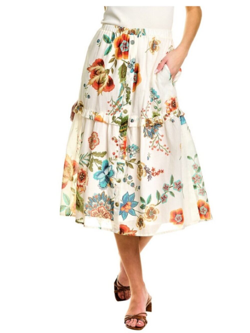 Johnny Was A-line Tiered Ruffle Lined Midi Skirt Sz -XL White/Multicolor Floral